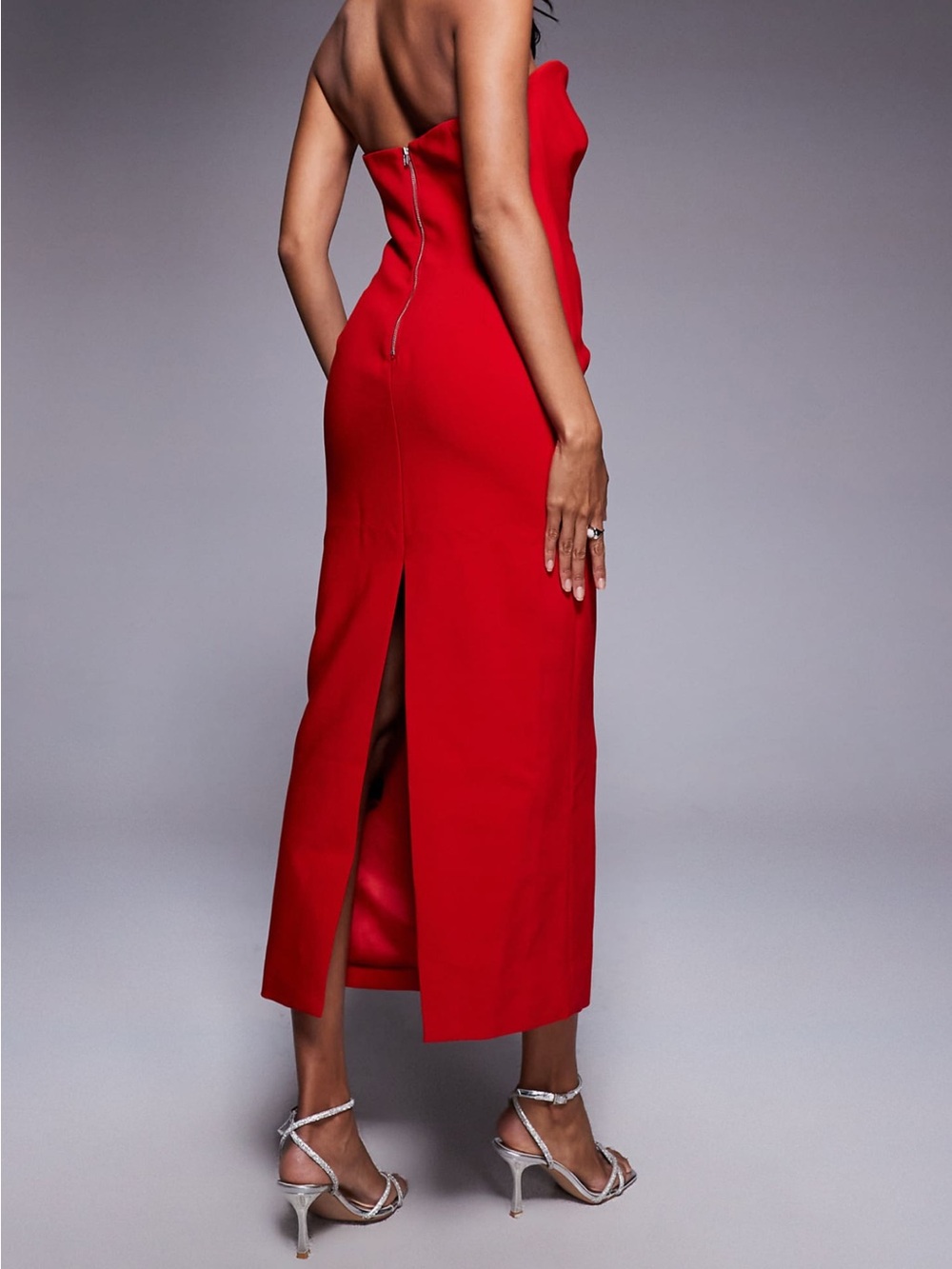 Bardot Red Strapless Midi Dress with Sculpted Flame Neckline in fire red - Picture 2 of 12